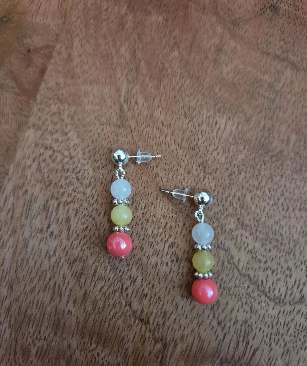 Handmade Pink, Yellow & White Beaded Drop Earrings Fairy Bohemian Whimsical Gift